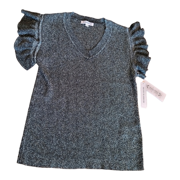NEW Nanette Lepore Metallic Ribbed Ruffle Sleeve Top Black Silver L - Picture 6 of 14